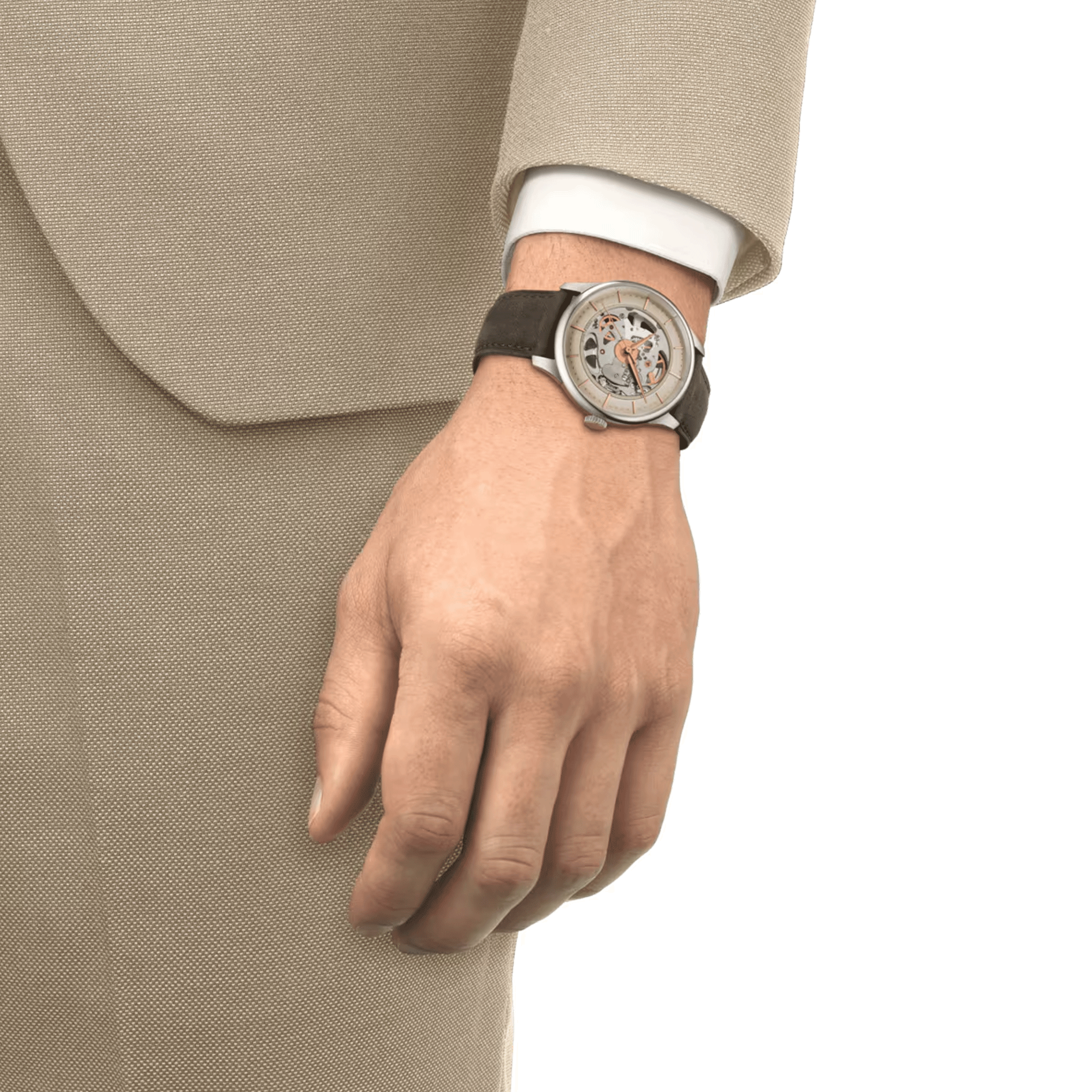 Montre Tissot T-Classic Chemin des Tourelles Squelette automatique cadran ivoire bracelet cuir vert 39 mm T139.836.16.261.00