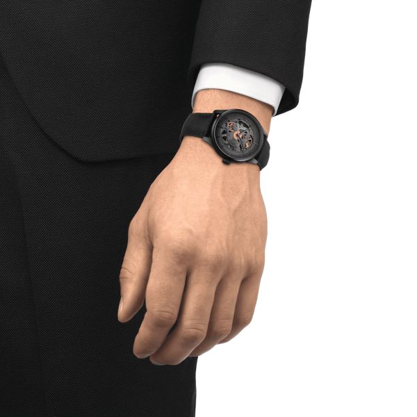 Tissot T-Classic Chemin des Tourelles Skeleton Black PVD automatic watch grey dial black leather strap 39 mm T139.836.36.441.00