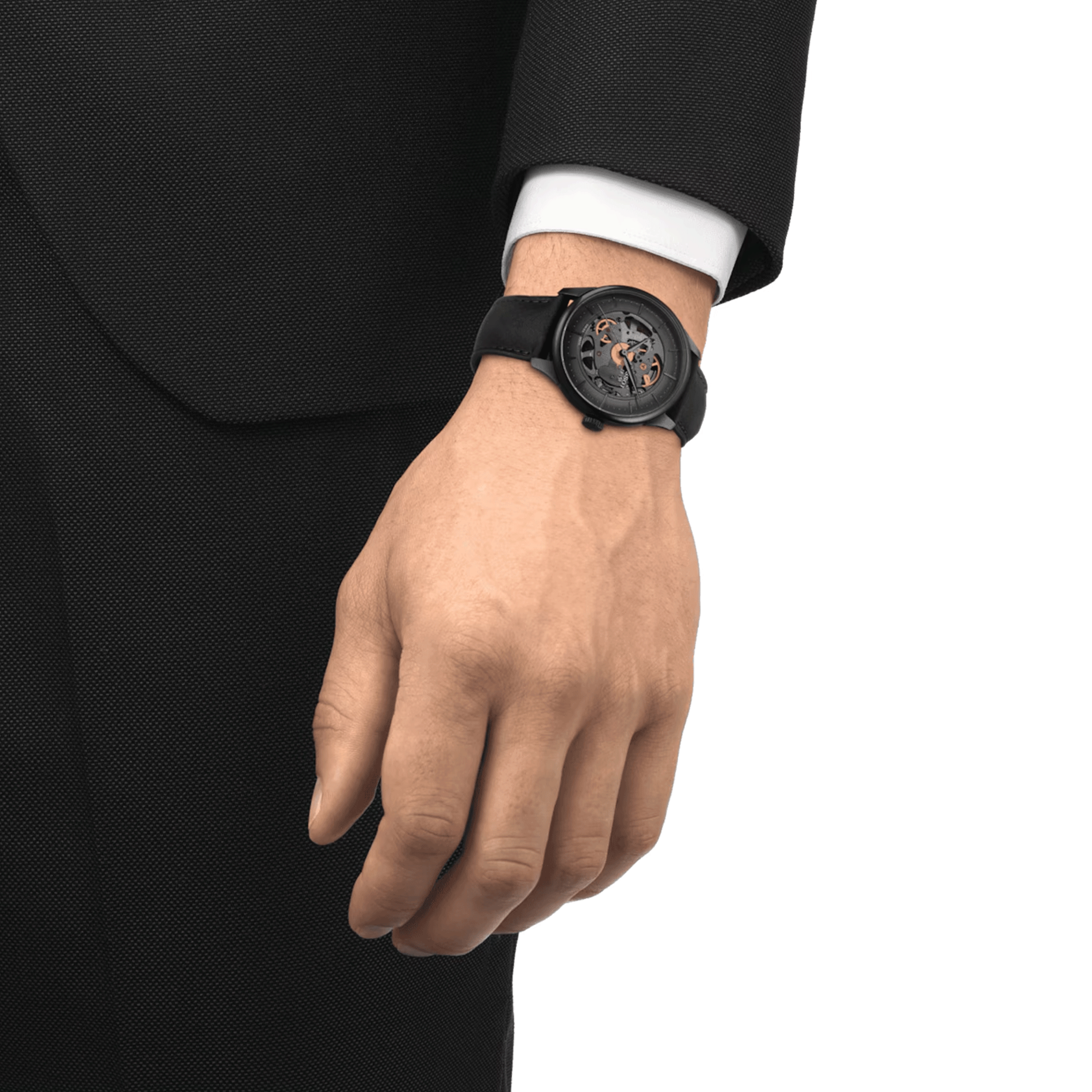 Tissot T-Classic Chemin des Tourelles Skeleton Black PVD automatic watch grey dial black leather strap 39 mm T139.836.36.441.00