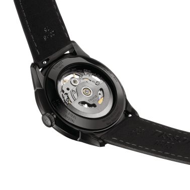 Tissot T-Classic Chemin des Tourelles Skeleton Black PVD automatic watch grey dial black leather strap 39 mm T139.836.36.441.00
