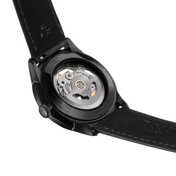 Tissot T-Classic Chemin des Tourelles Skeleton Black PVD automatic watch grey dial black leather strap 39 mm T139.836.36.441.00