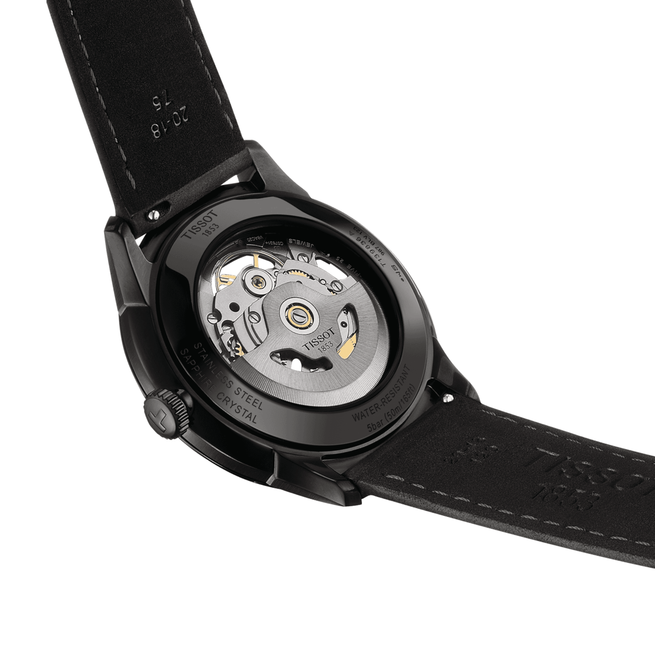 Tissot T-Classic Chemin des Tourelles Skeleton Black PVD automatic watch grey dial black leather strap 39 mm T139.836.36.441.00