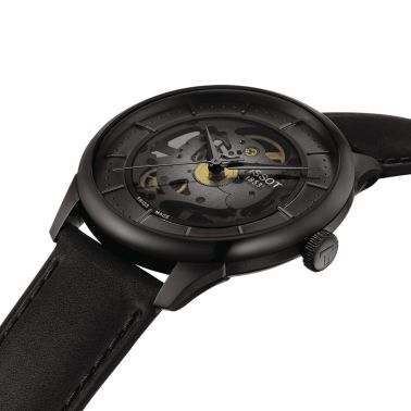 Tissot T-Classic Chemin des Tourelles Skeleton Black PVD automatic watch grey dial black leather strap 39 mm T139.836.36.441.00