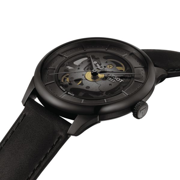 Tissot T-Classic Chemin des Tourelles Skeleton Black PVD automatic watch grey dial black leather strap 39 mm T139.836.36.441.00