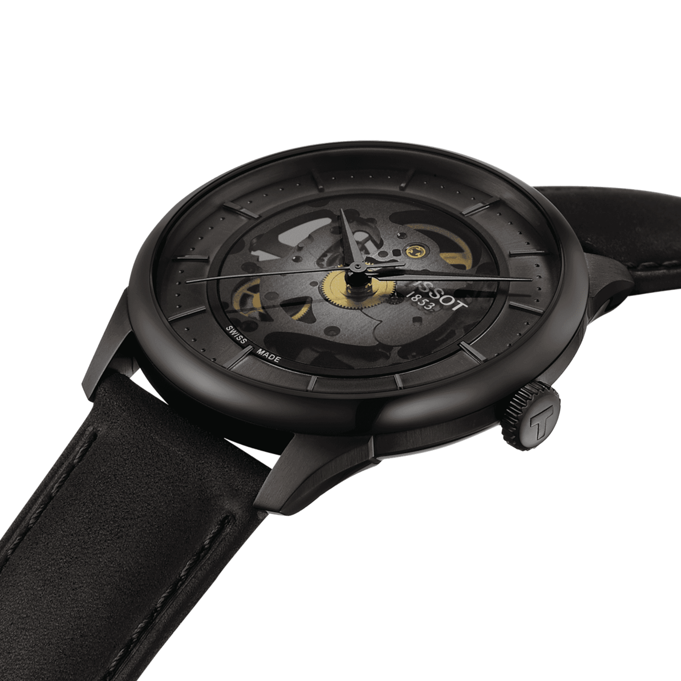 Tissot T-Classic Chemin des Tourelles Skeleton Black PVD automatic watch grey dial black leather strap 39 mm T139.836.36.441.00