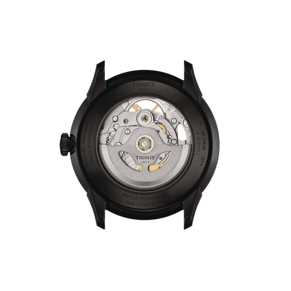 Tissot T-Classic Chemin des Tourelles Skeleton Black PVD automatic watch grey dial black leather strap 39 mm T139.836.36.441.00