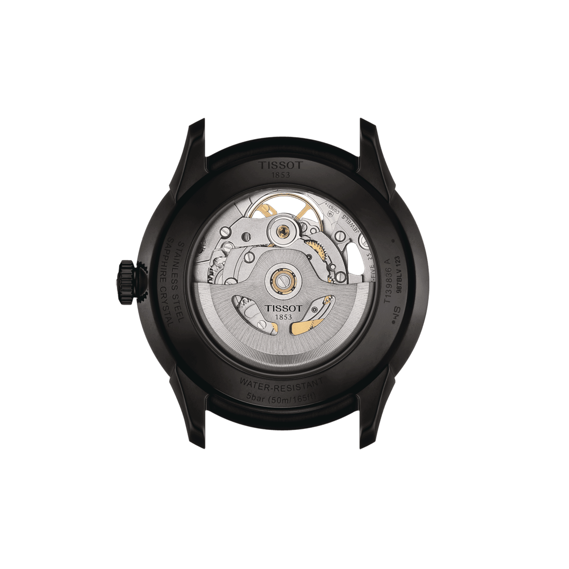 Tissot T-Classic Chemin des Tourelles Skeleton Black PVD automatic watch grey dial black leather strap 39 mm T139.836.36.441.00
