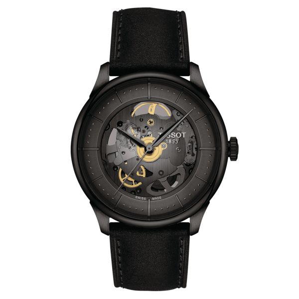 Tissot T-Classic Chemin des Tourelles Skeleton Black PVD automatic watch grey dial black leather strap 39 mm T139.836.36.441.00