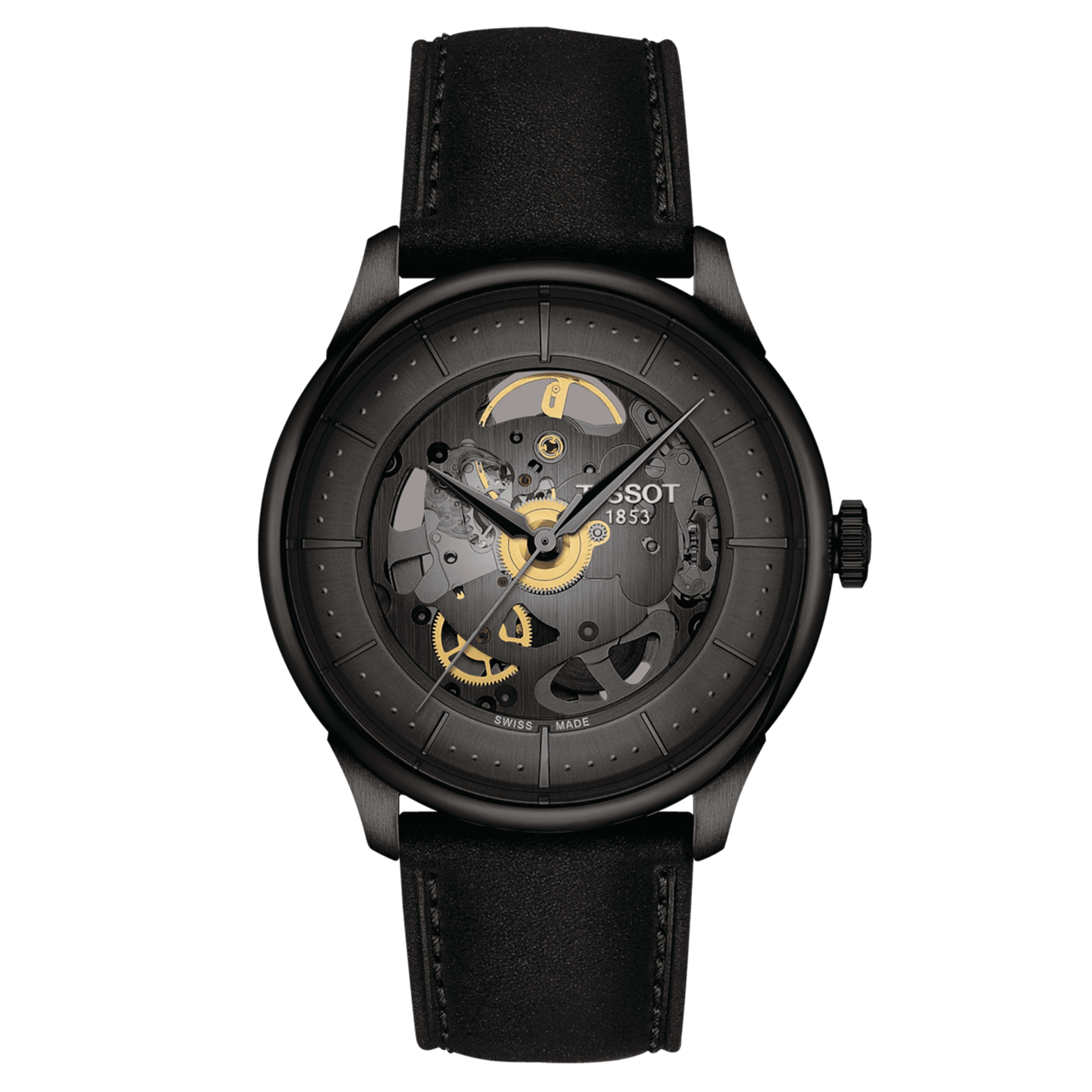 Tissot T-Classic Chemin des Tourelles Skeleton Black PVD automatic watch grey dial black leather strap 39 mm T139.836.36.441.00