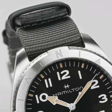 Hamilton Khaki Field Expedition automatic watch black dial grey NATO strap 41 mm