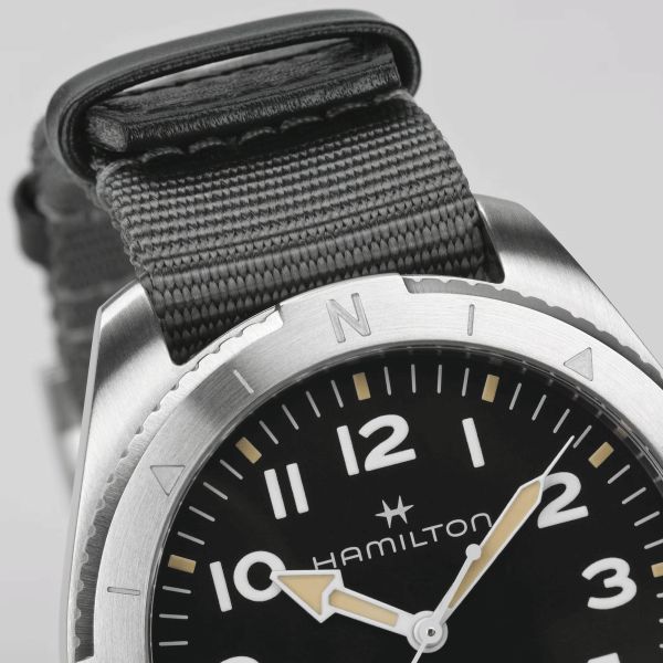 Hamilton Khaki Field Expedition automatic watch black dial grey NATO strap 41 mm