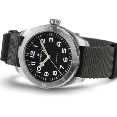 Hamilton Khaki Field Expedition automatic watch black dial grey NATO strap 41 mm