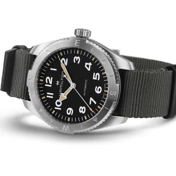 Hamilton Khaki Field Expedition automatic watch black dial grey NATO strap 41 mm