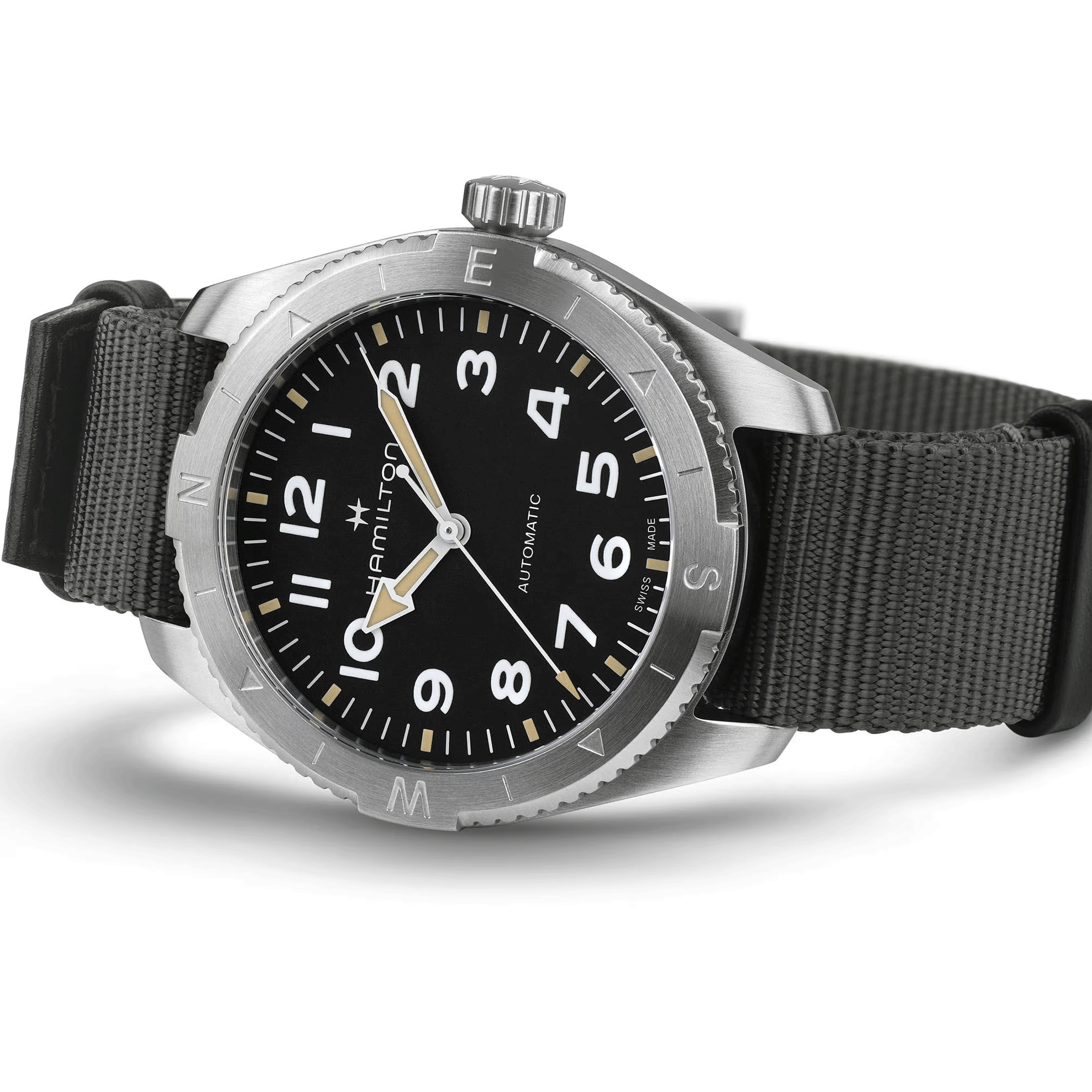 Hamilton Khaki Field Expedition automatic watch black dial grey NATO strap 41 mm