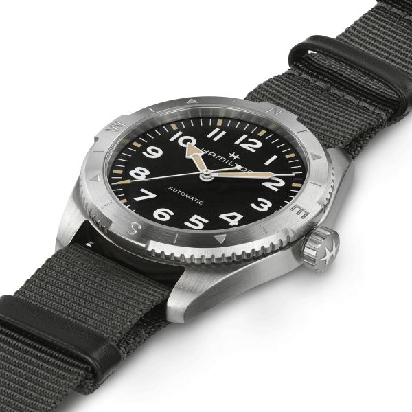 Hamilton Khaki Field Expedition automatic watch black dial grey NATO strap 41 mm