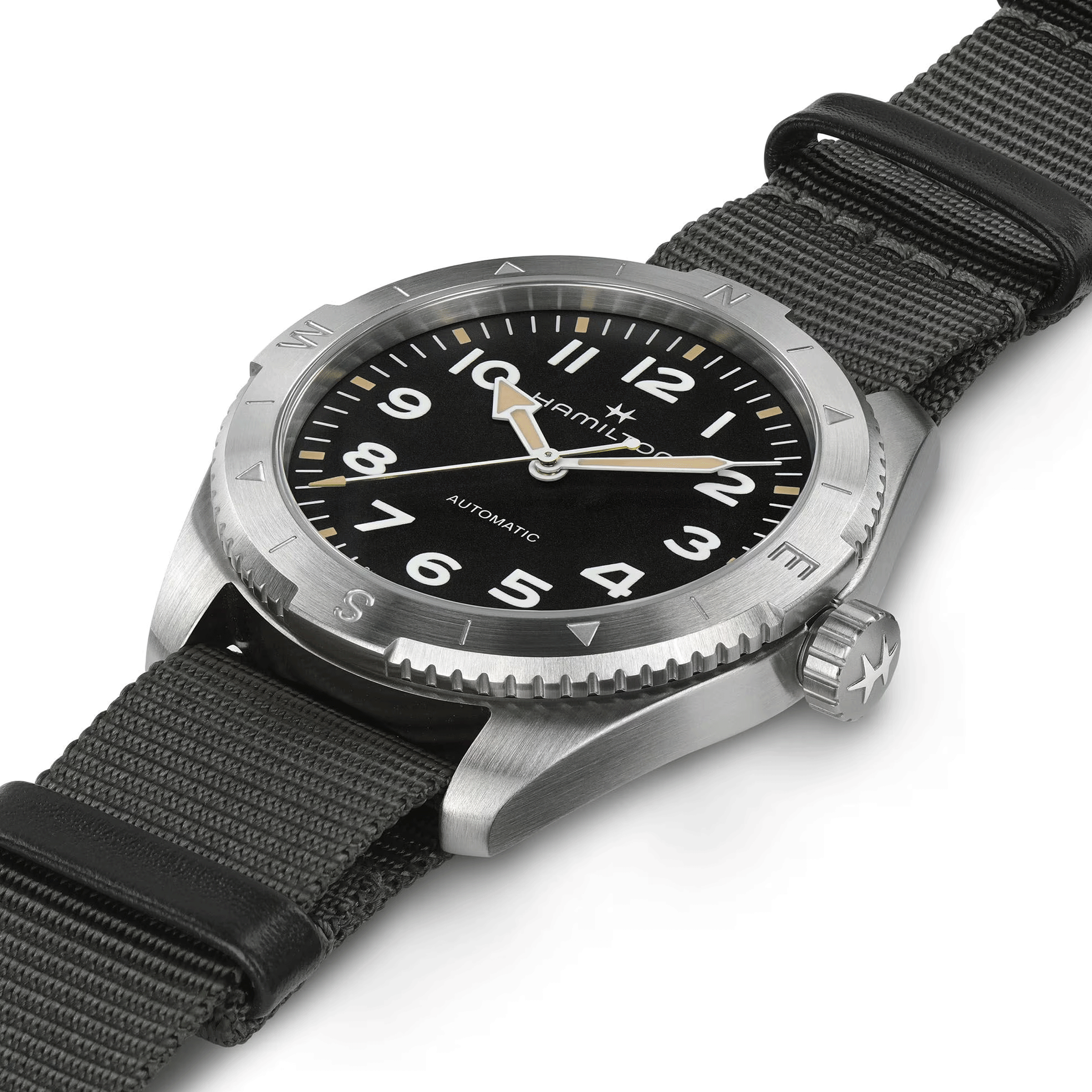 Hamilton Khaki Field Expedition automatic watch black dial grey NATO strap 41 mm