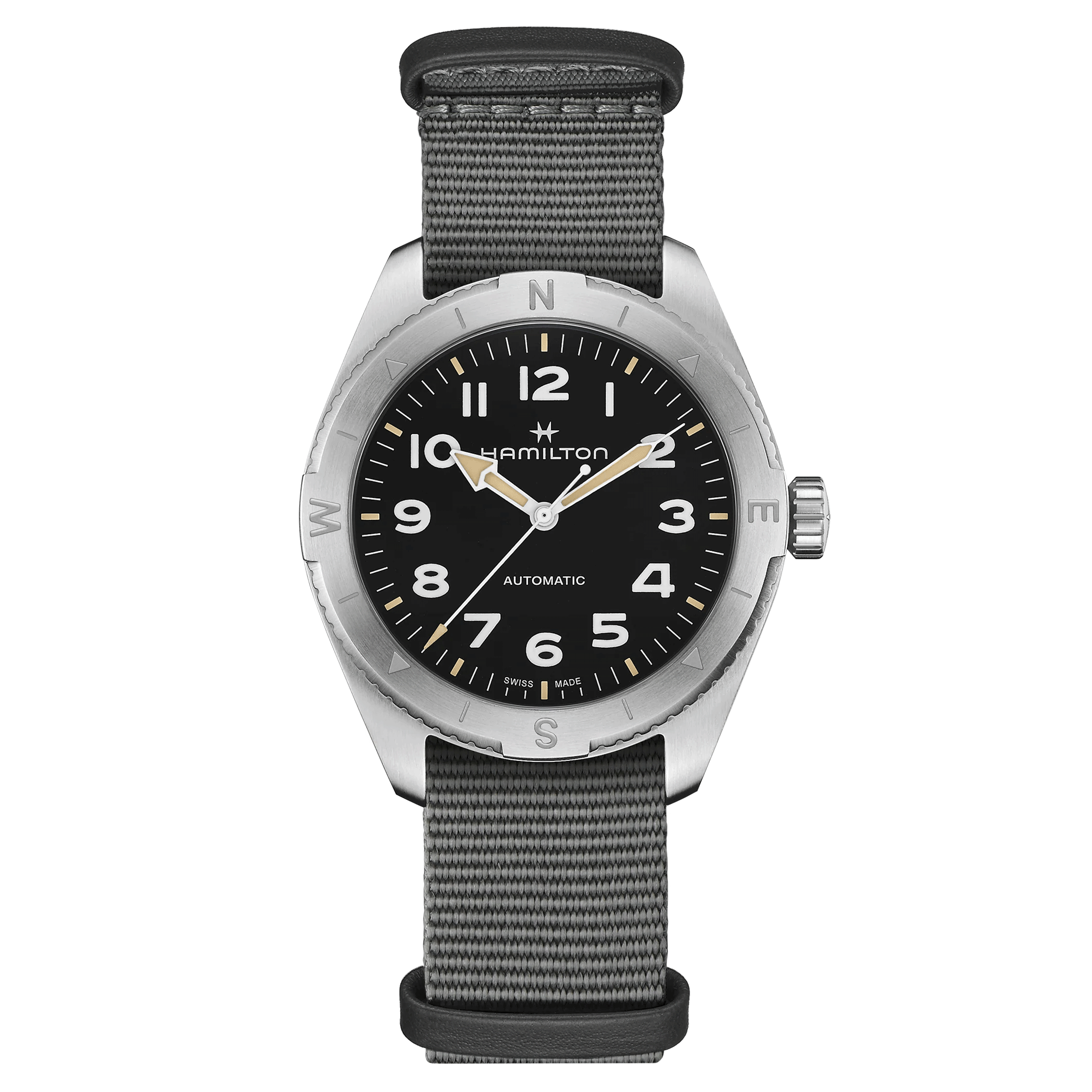 Hamilton Khaki Field Expedition automatic watch black dial grey NATO strap 41 mm