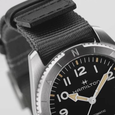 Hamilton Khaki Field Expedition automatic watch black dial grey NATO strap 37 mm