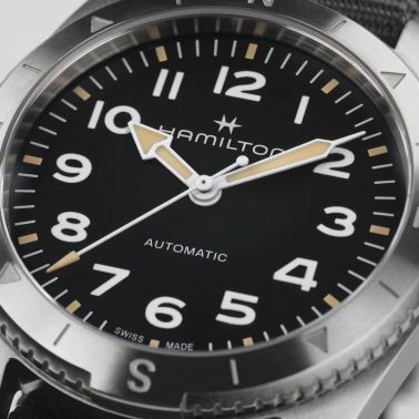 Hamilton Khaki Field Expedition automatic watch black dial grey NATO strap 37 mm
