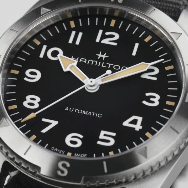 Hamilton Khaki Field Expedition automatic watch black dial grey NATO strap 37 mm