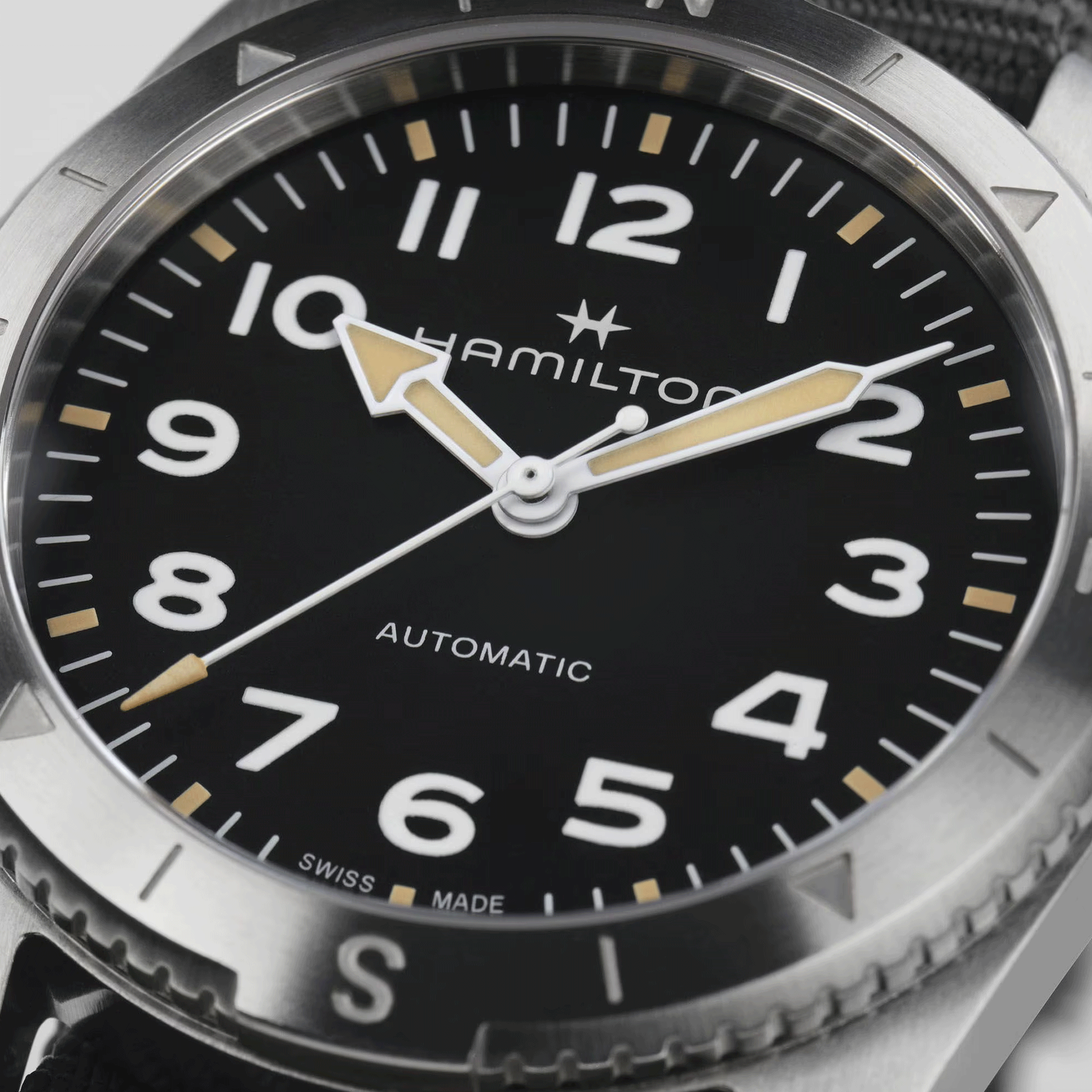 Hamilton Khaki Field Expedition automatic watch black dial grey NATO strap 37 mm