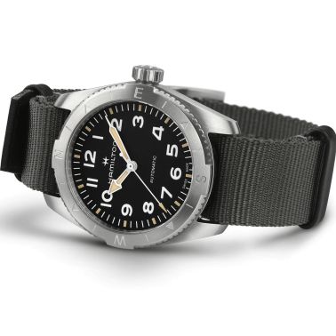 Hamilton Khaki Field Expedition automatic watch black dial grey NATO strap 37 mm