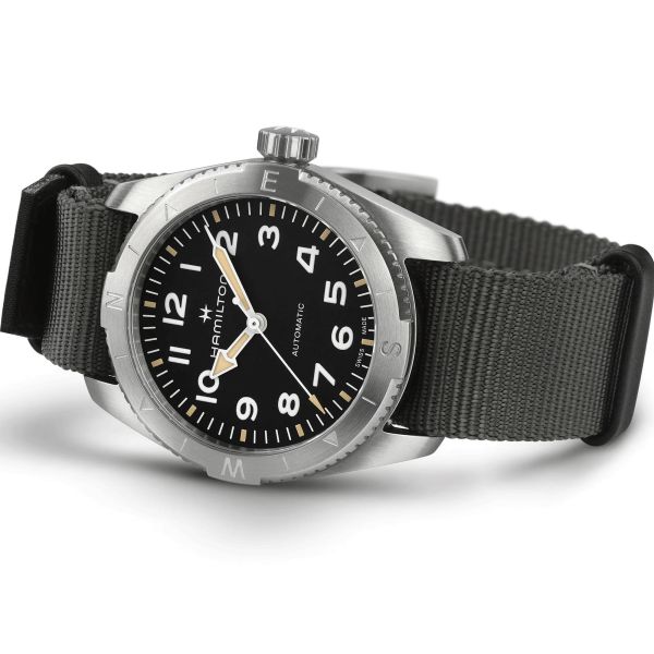 Hamilton Khaki Field Expedition automatic watch black dial grey NATO strap 37 mm