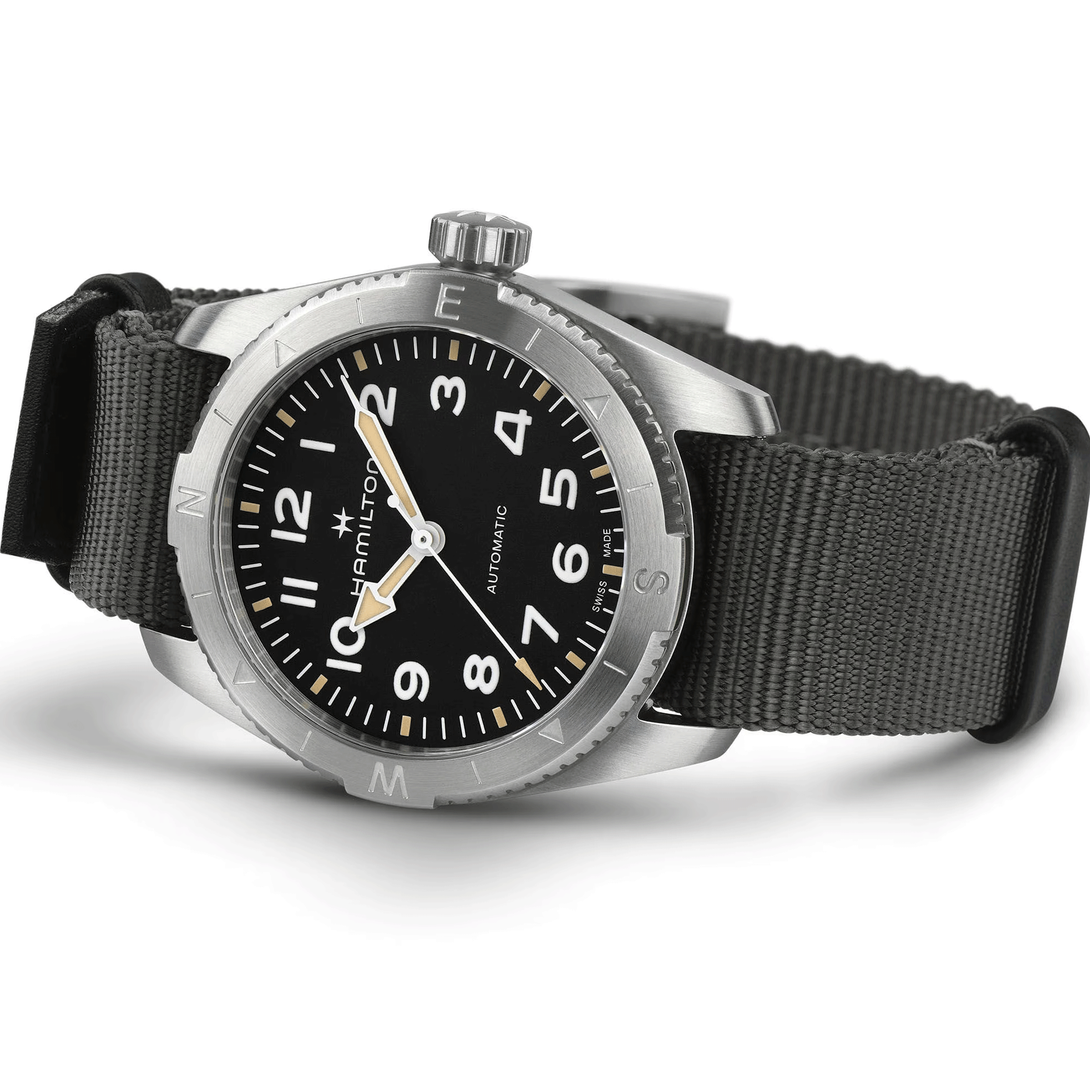 Hamilton Khaki Field Expedition automatic watch black dial grey NATO strap 37 mm