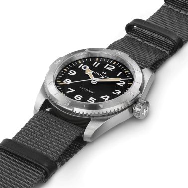 Hamilton Khaki Field Expedition automatic watch black dial grey NATO strap 37 mm