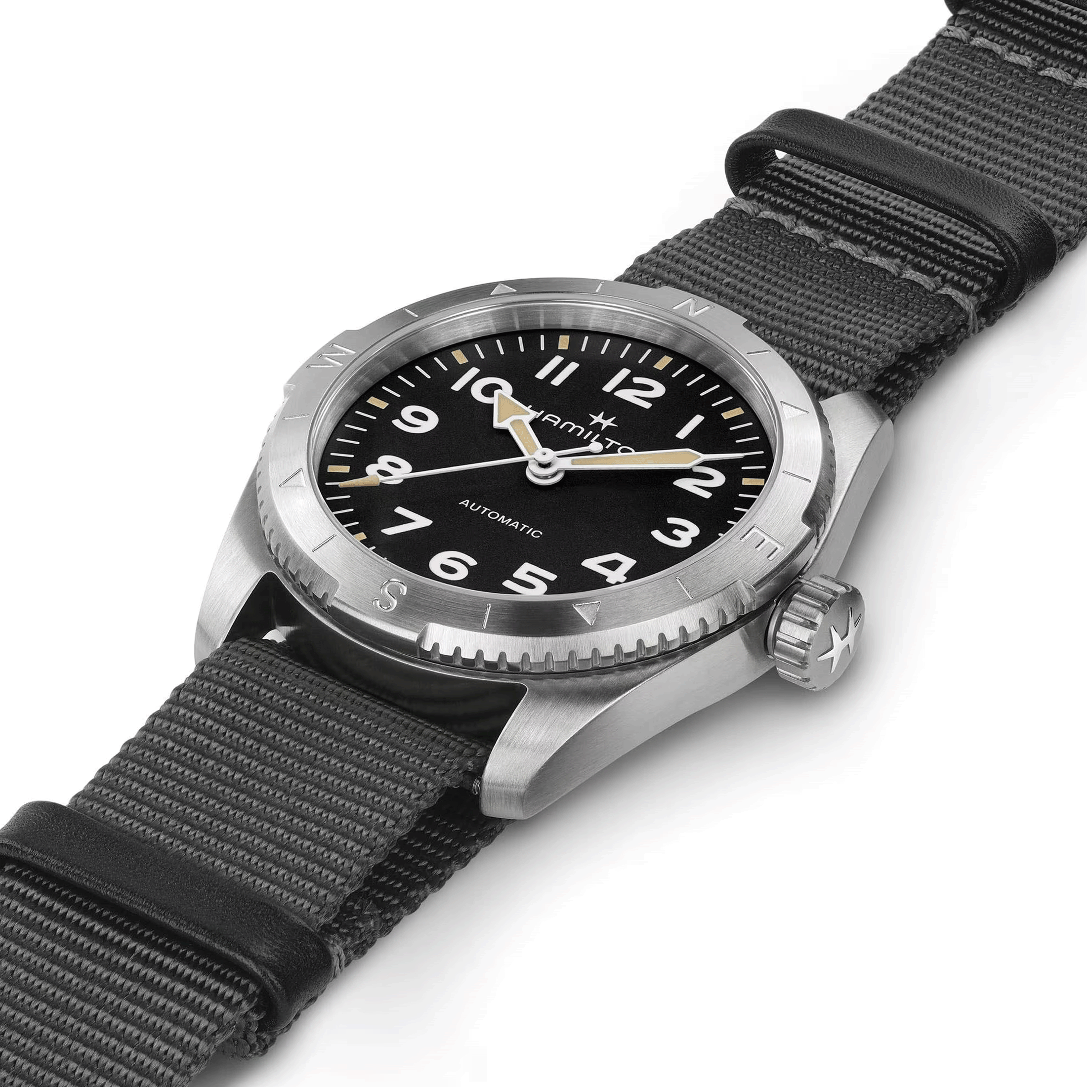 Hamilton Khaki Field Expedition automatic watch black dial grey NATO strap 37 mm