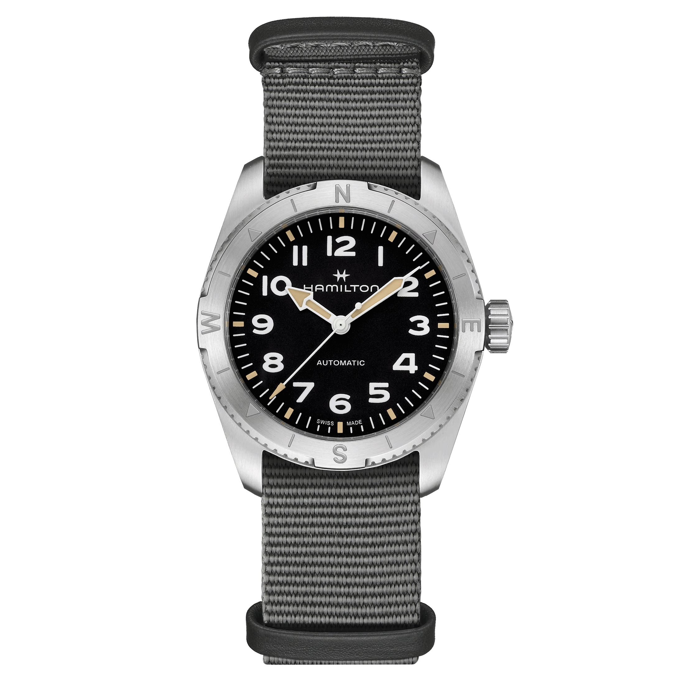Hamilton Khaki Field Expedition automatic watch black dial grey NATO strap 37 mm