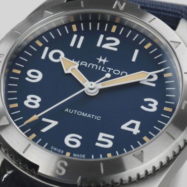 Hamilton Khaki Field Expedition automatic watch blue dial blue NATO strap 37 mm