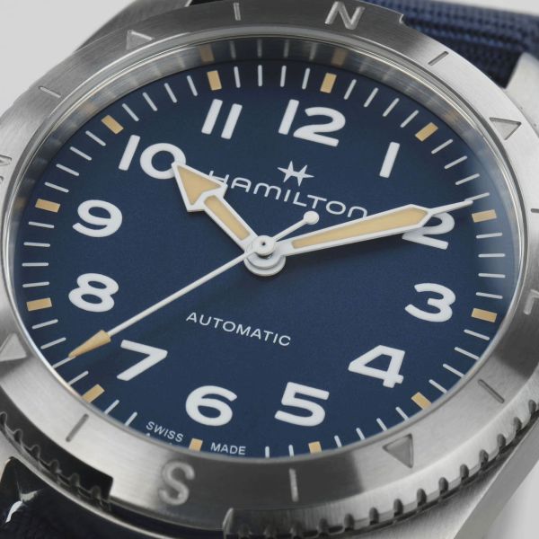 Hamilton Khaki Field Expedition automatic watch blue dial blue NATO strap 37 mm