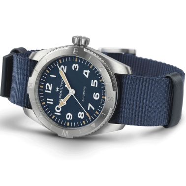 Hamilton Khaki Field Expedition automatic watch blue dial blue NATO strap 37 mm