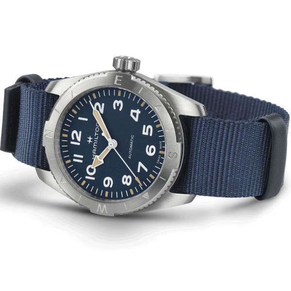 Hamilton Khaki Field Expedition automatic watch blue dial blue NATO strap 37 mm