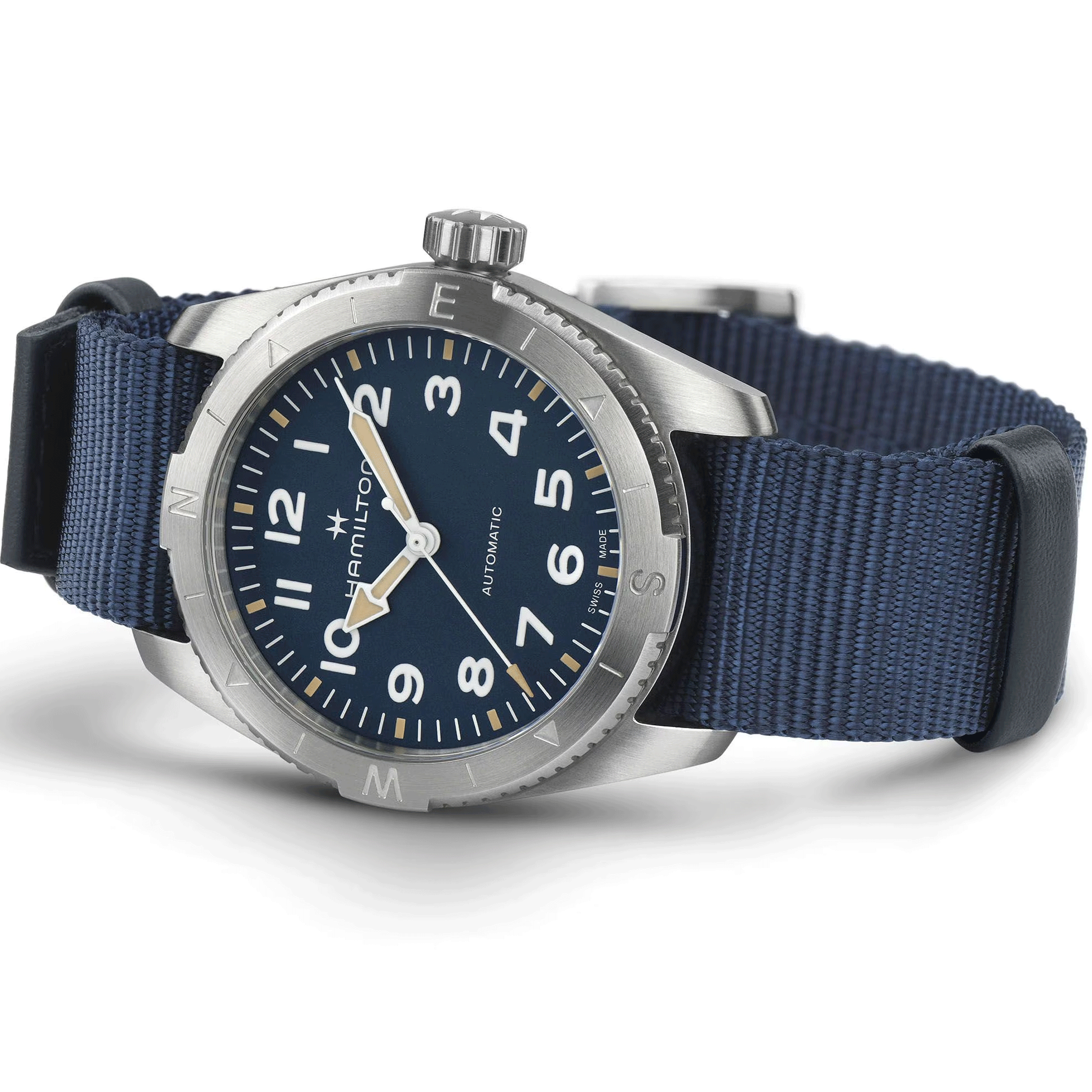 Hamilton Khaki Field Expedition automatic watch blue dial blue NATO strap 37 mm