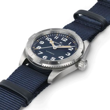 Hamilton Khaki Field Expedition automatic watch blue dial blue NATO strap 37 mm
