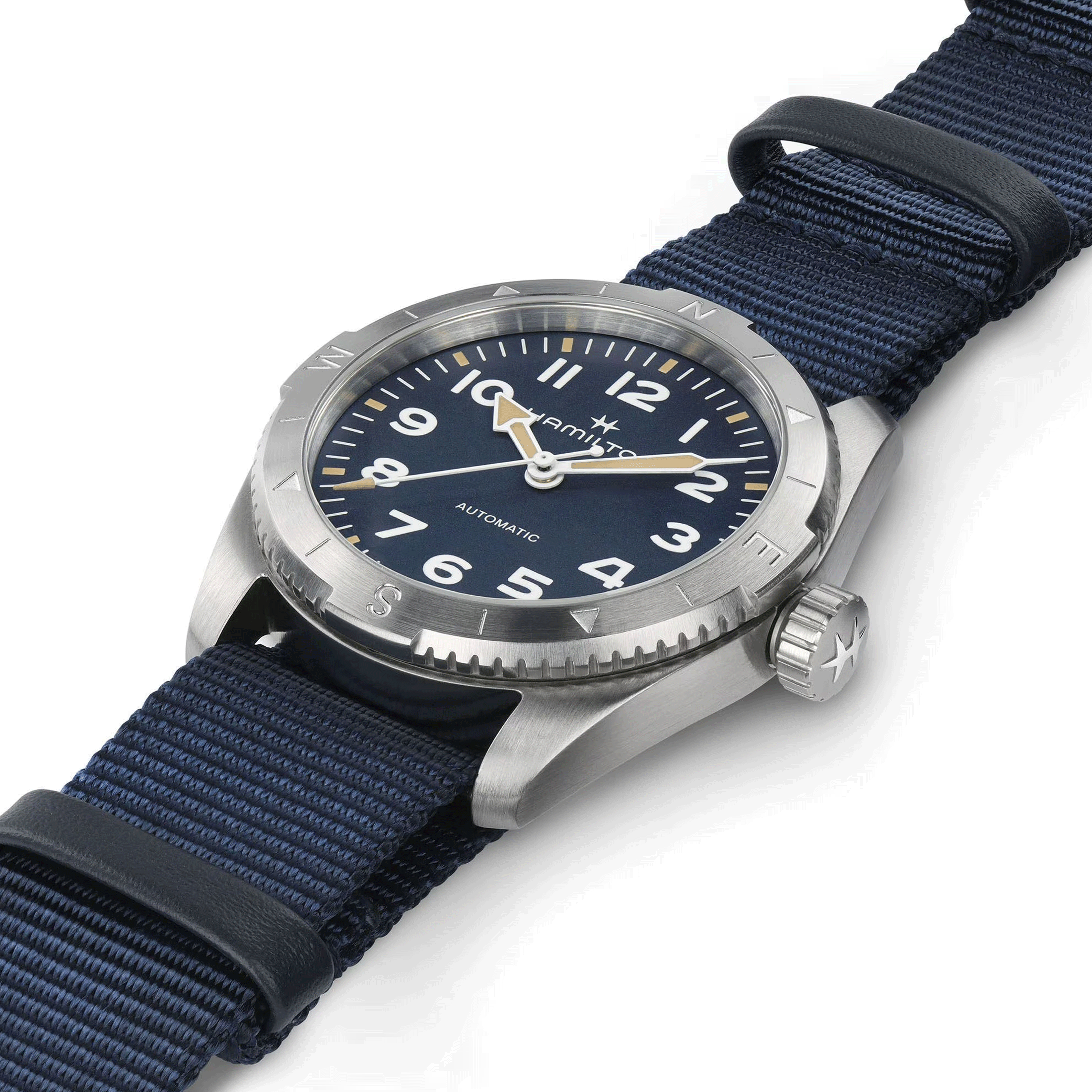 Hamilton Khaki Field Expedition automatic watch blue dial blue NATO strap 37 mm