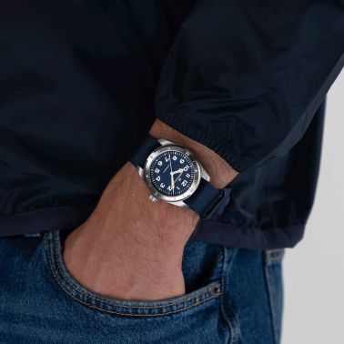 Hamilton Khaki Field Expedition automatic watch blue dial blue NATO strap 37 mm