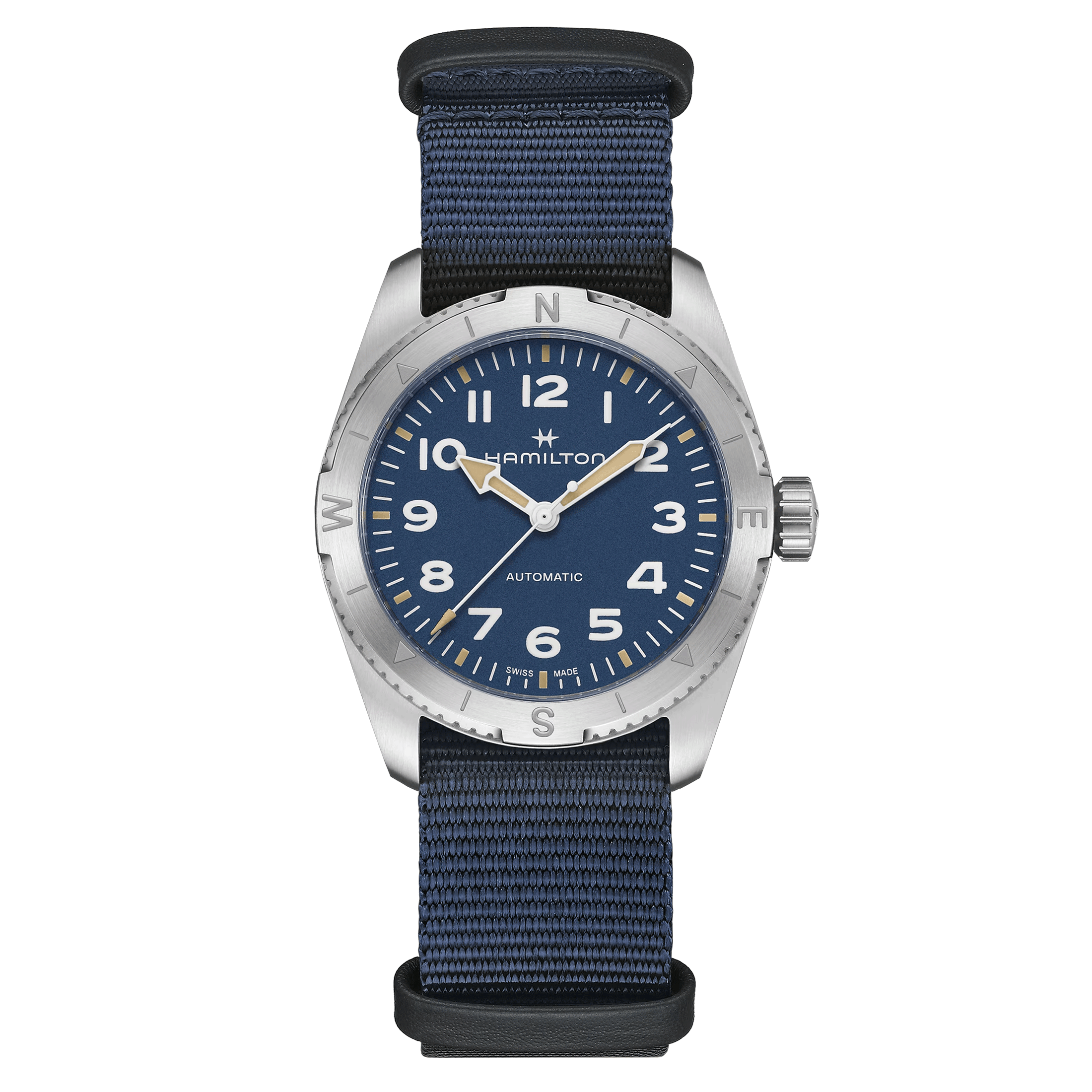 Hamilton Khaki Field Expedition automatic watch blue dial blue NATO strap 37 mm