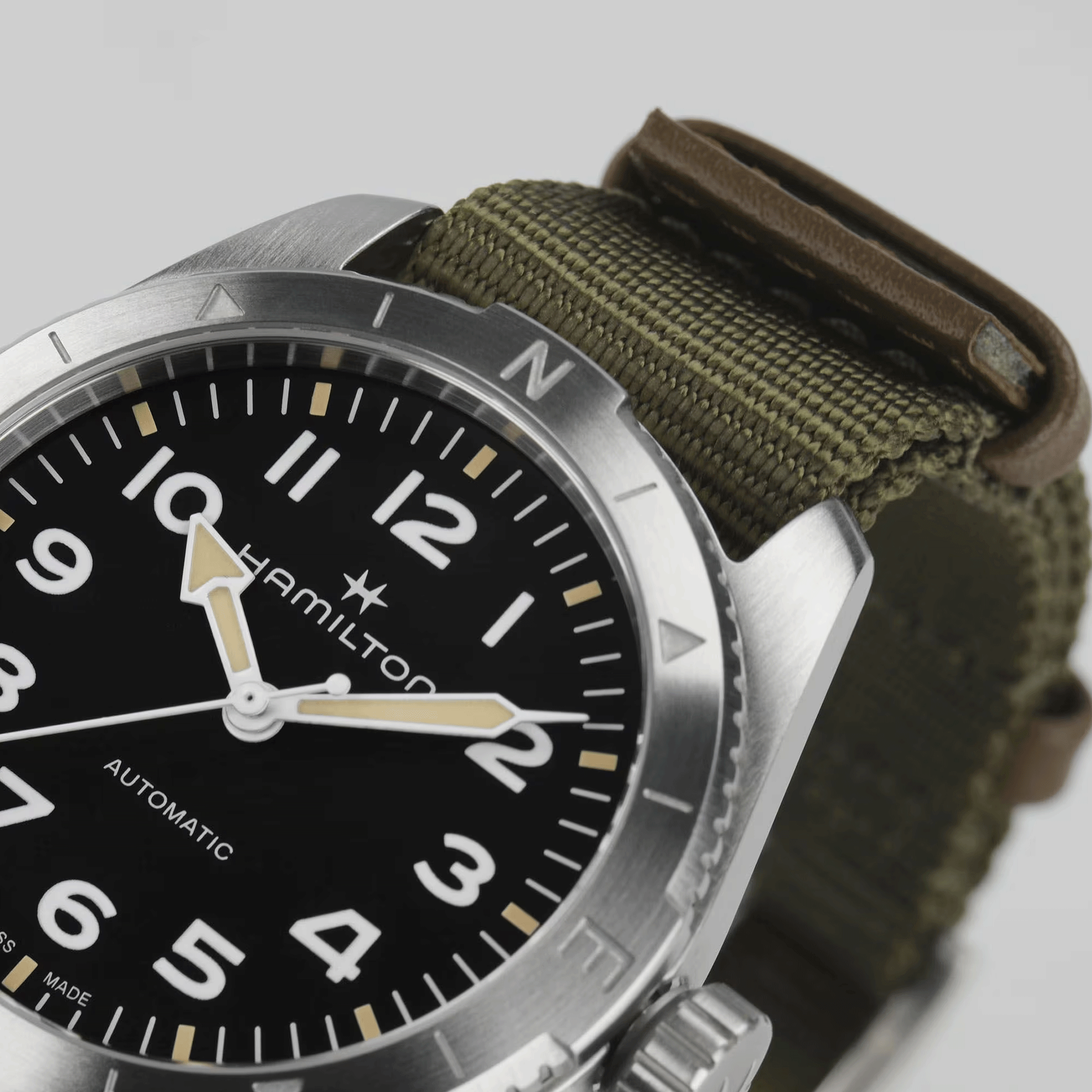 Hamilton Khaki Field Expedition automatic watch black dial green NATO strap 37 mm