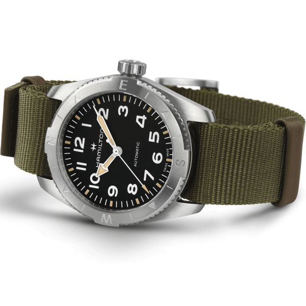 Hamilton Khaki Field Expedition automatic watch black dial green NATO strap 37 mm