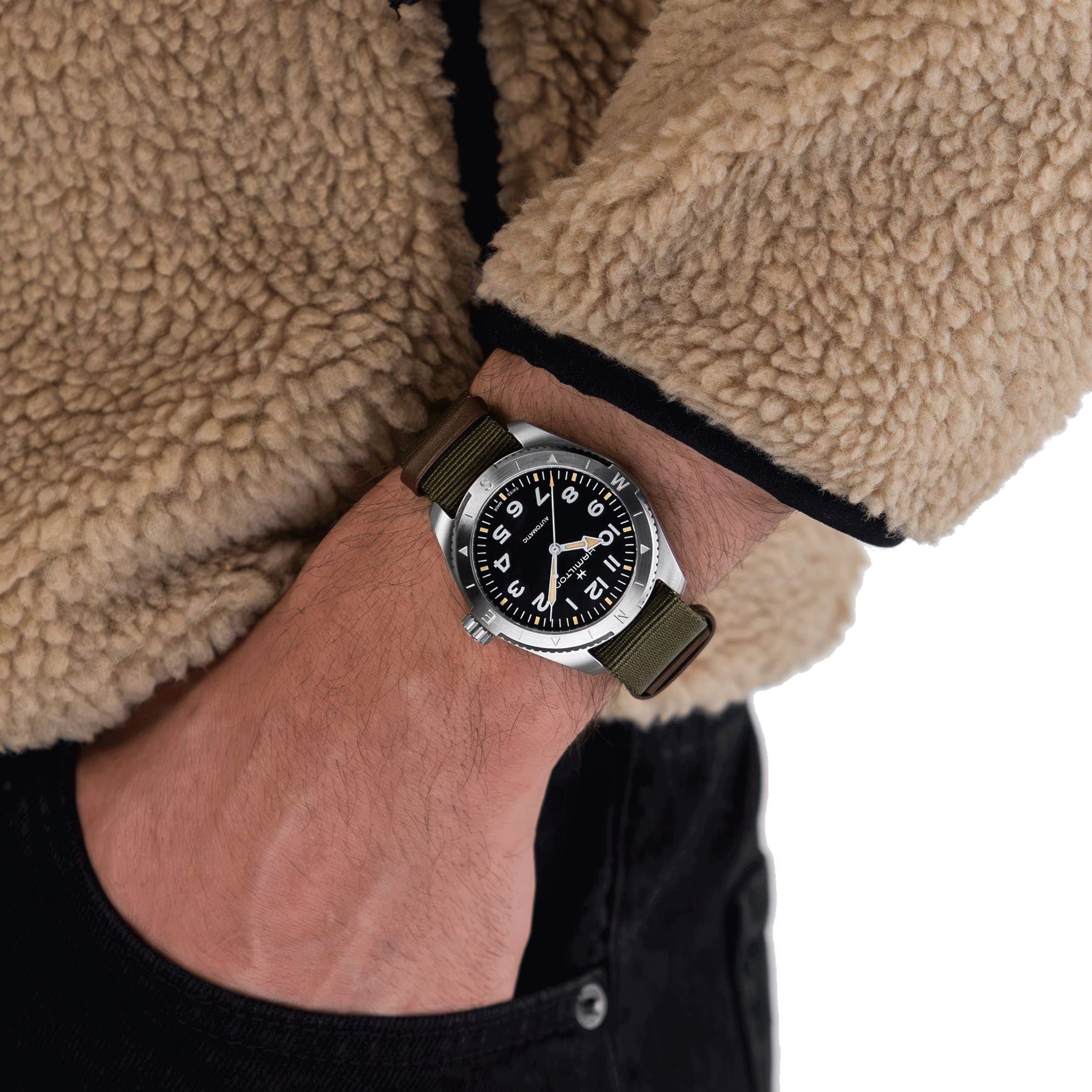 Hamilton Khaki Field Expedition automatic watch black dial green NATO strap 37 mm