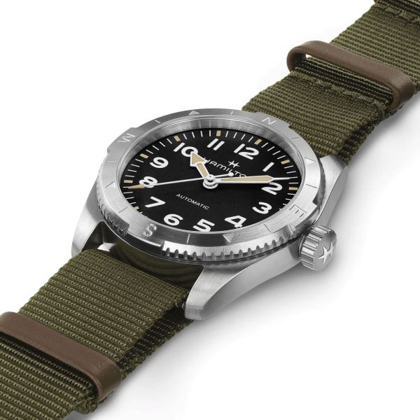 Hamilton Khaki Field Expedition automatic watch black dial green NATO strap 37 mm