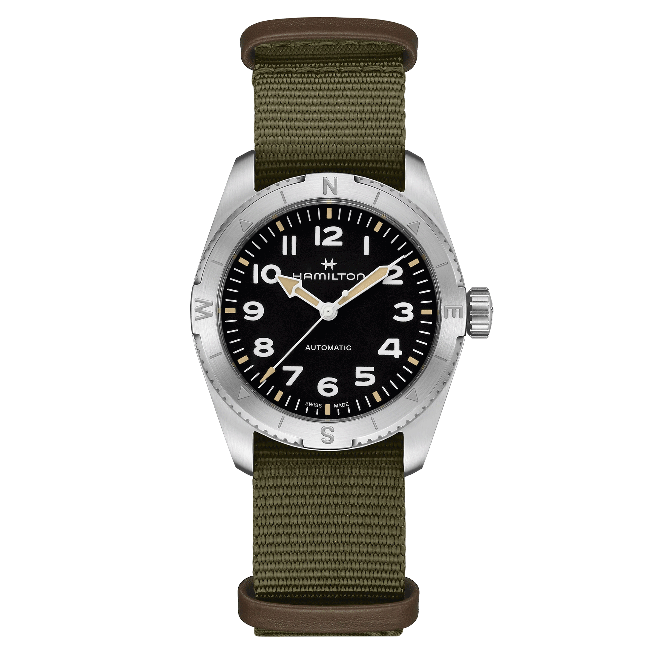 Hamilton Khaki Field Expedition automatic watch black dial green NATO strap 37 mm