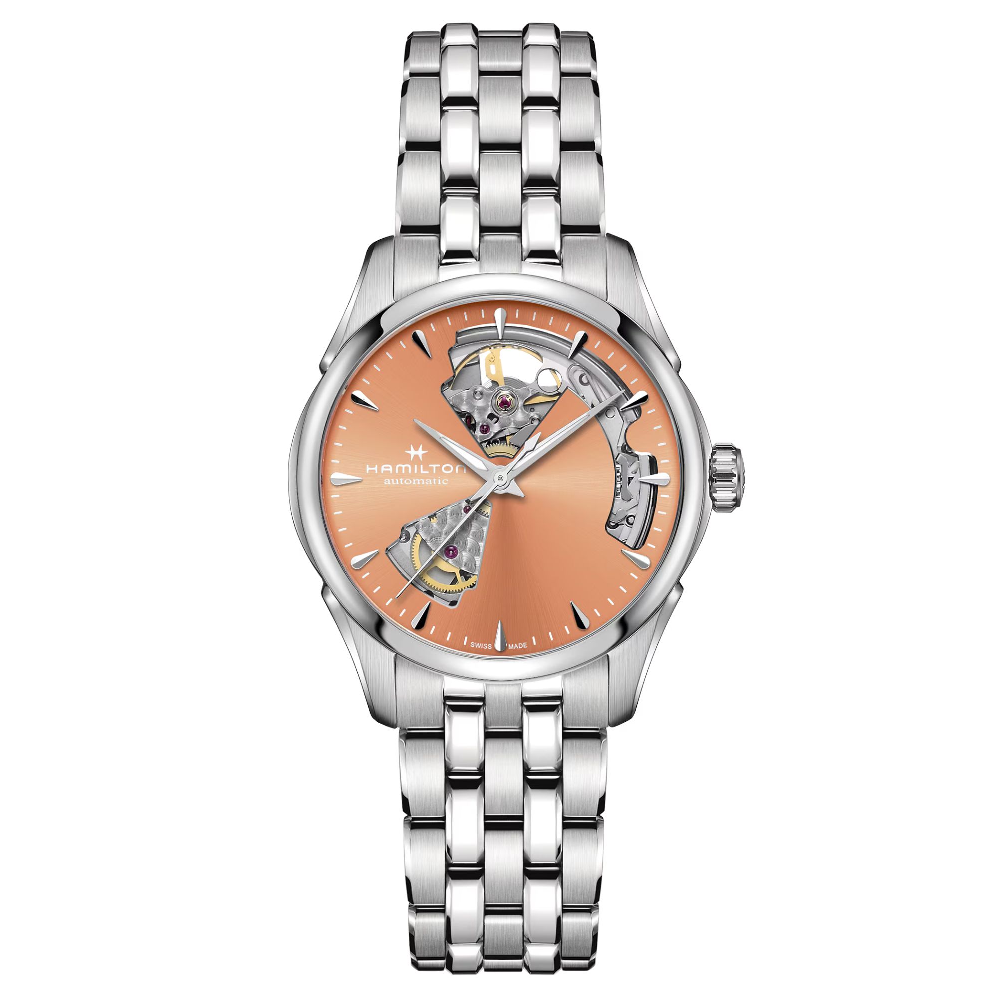 Montre Hamilton Jazzmaster Open Heart Lady automatic apricot dial steel bracelet 36 mm