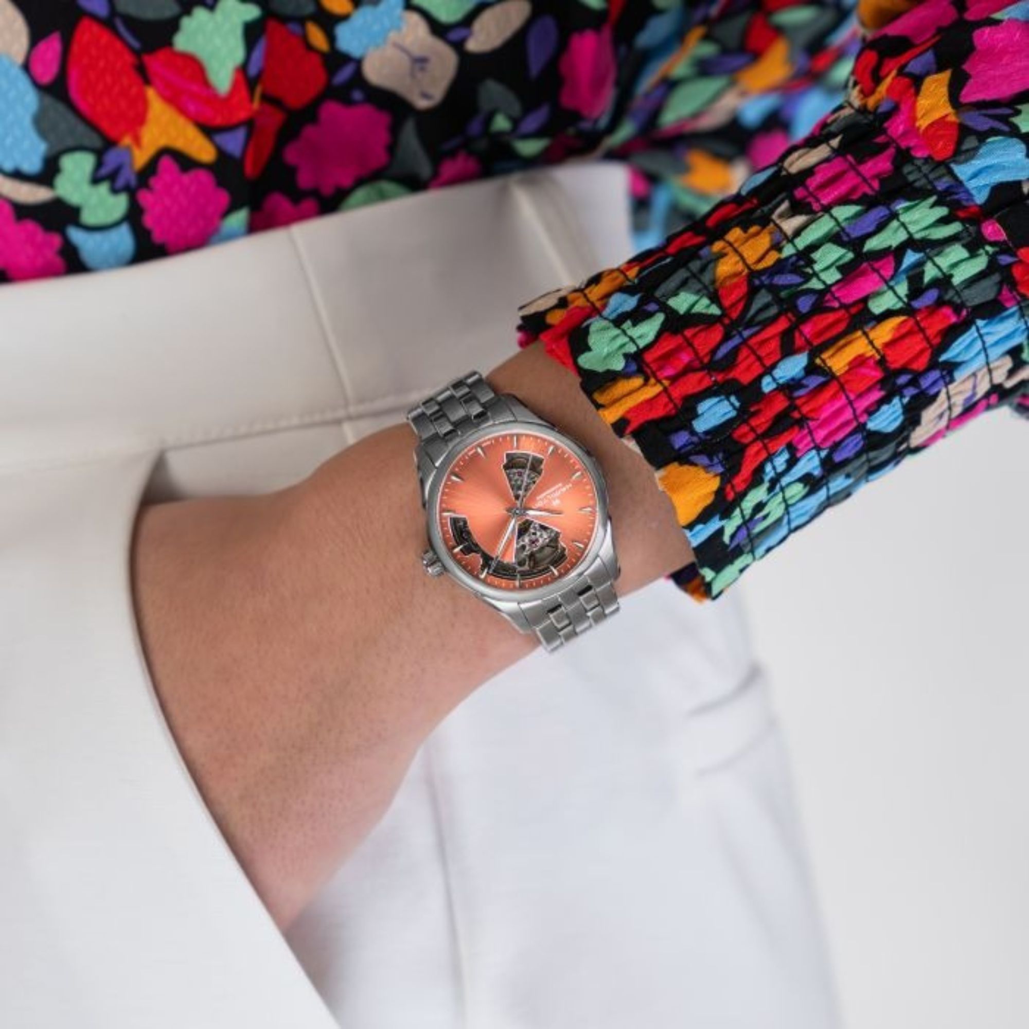 Montre Hamilton Jazzmaster Open Heart Lady automatic apricot dial steel bracelet 36 mm