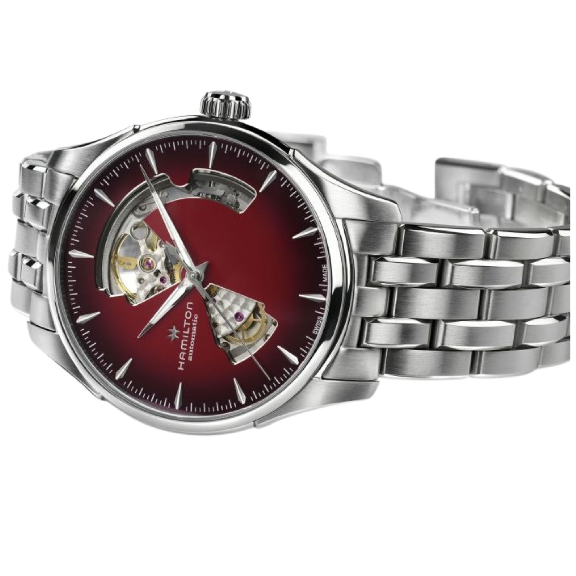 Montre Hamilton Jazzmaster Open Heart Auto cadran rouge bracelet acier 40 mm