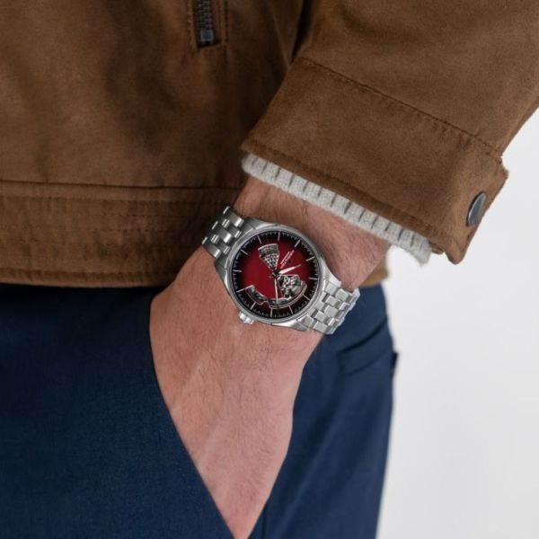 Montre Hamilton Jazzmaster Open Heart Auto cadran rouge bracelet acier 40 mm