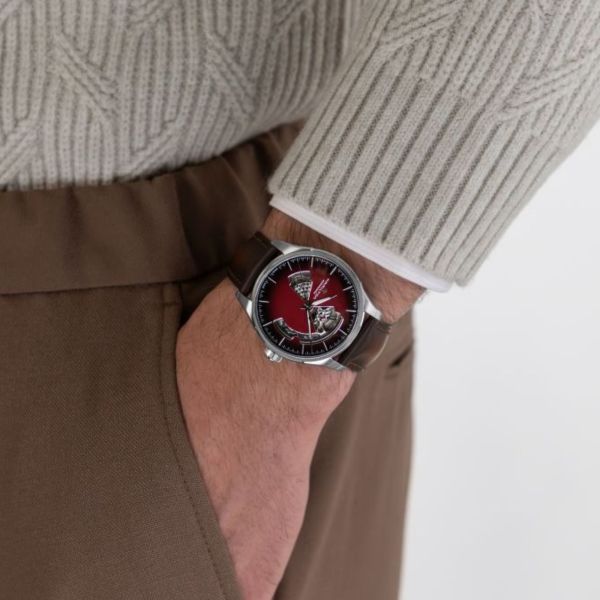 Montre Hamilton Jazzmaster Open Heart Auto cadran rouge bracelet acier 40 mm